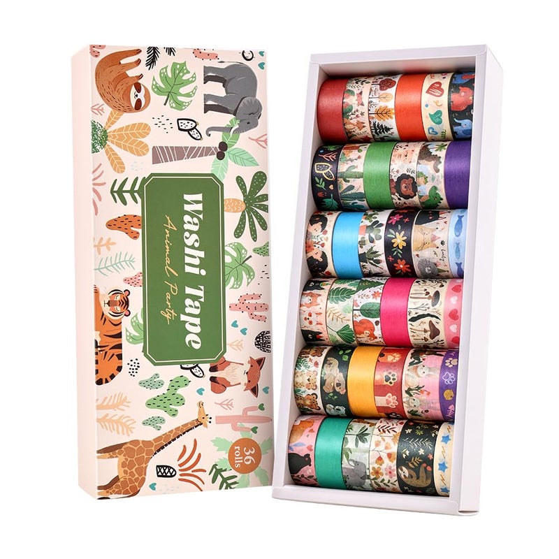 icceemee 36 Rolls Animal Theme Washi Tape Set, Colorful Cute Adorable Animals Writable Decorative Tapes for Scrapbooking, Junk Journal Supplies, Bullet Journaling, 0.6"x79" per Roll - Image 1